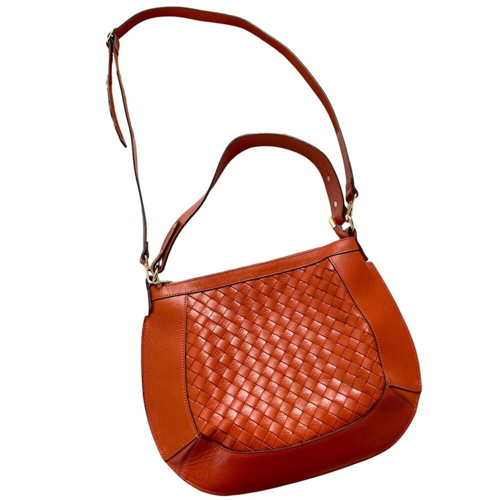 Anna Paola Italy Leather Crossweave Orange Double Strap Crossbody Shoulder Purse
